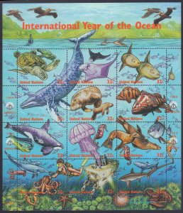 United Nations #734, Complete Set, Sheet of 12, 1998, Marine Life, Never Hinged