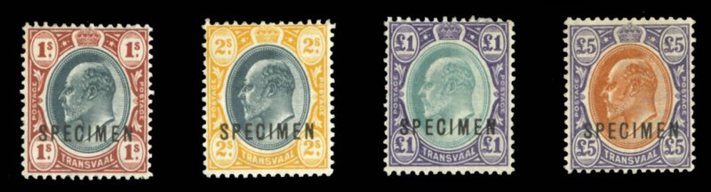 Transvaal #260/267S (SG 256s-259s) Cat£275, 1902-03 Edward, 1sh, 2sh, £1 an...