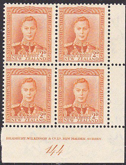 NEW ZEALAND GVI 2d plate block # 144 MNH....................................4126