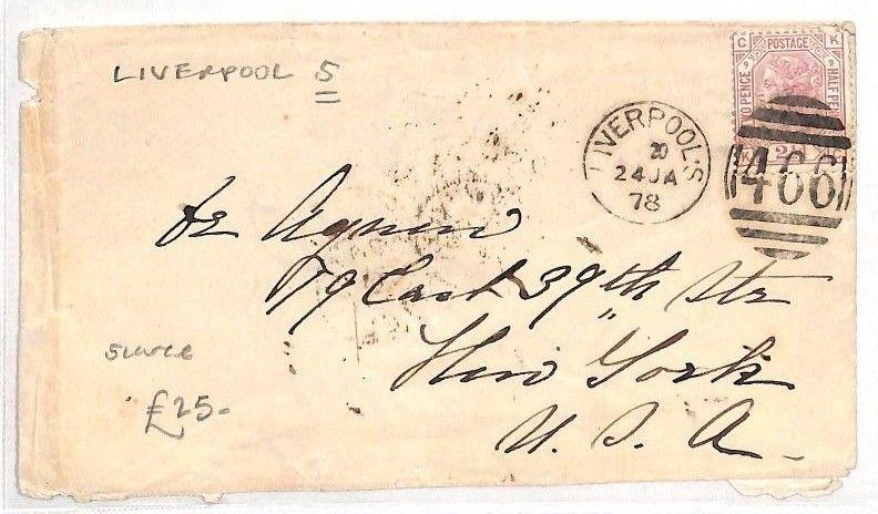 AN58 1878 GB Liverpool to USA New York Cover 2½d rate {samwells-covers}