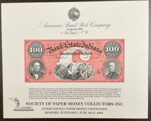 ABNC SO37 1984 Souvenir Card $100 Bank of the State of Indiana