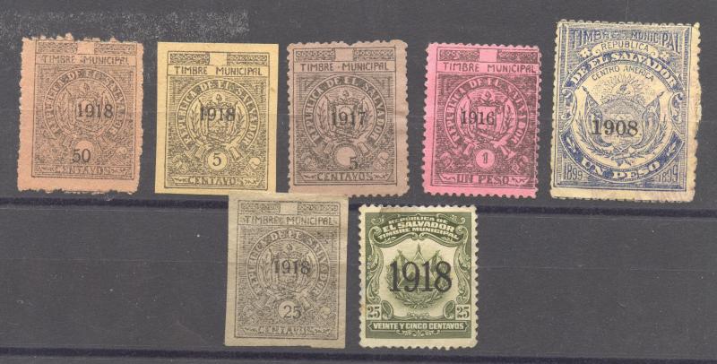 El Salvador, 1908 to 1918, Lof of 7 Municipal stamps, mint, no gum