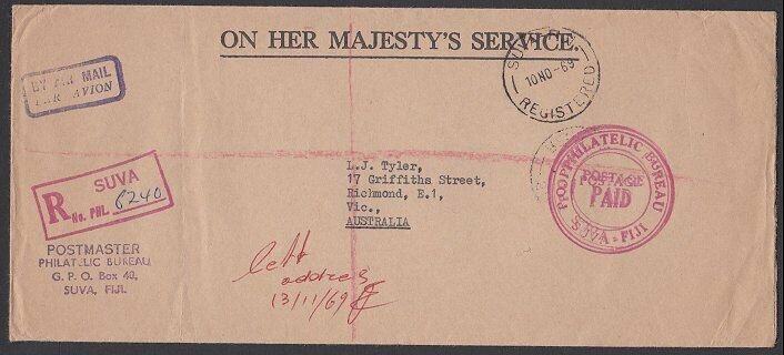 FIJI 1969 Registered OHMS cover Suva to Australia - Postage/Paid............H916