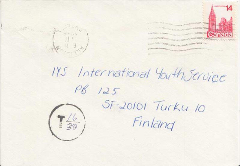 Canada 14c Parliament Buildings c1978 Alliston, Ontario to Turku, Finland.  S...