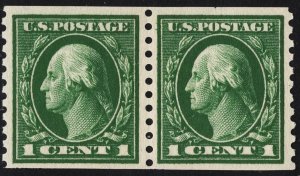 US #443 1c Green Washington Coil Pair MINT HINGED SCV $75