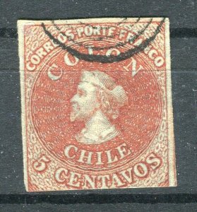 CHILE; 1853-56 early classic Imperf Columbus issue fine used Shade of 5c.