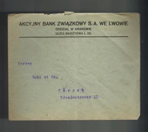 1924 Lvov Poland Bank Commercial Cover to Zurich Switzerland