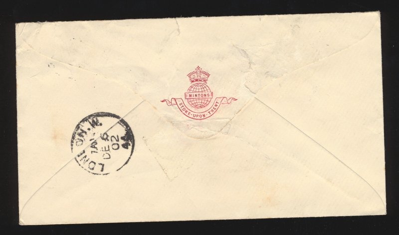 UK 1902 'CERAMICS’ 1D PAIR ‘MINTONS’ PERFINS ON COVER STOKE ON TRENT TO LONDON