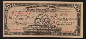 1917 $20 Los Angeles California CA Postal Savings System Certificate Ser No 7906