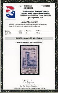 US Stamp #857 Printing Tercentenary 3c - PSE Cert - Superb 98 - MNH -SMQ $50.00