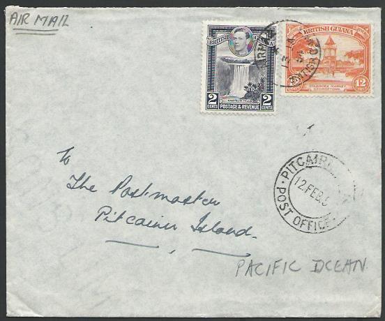 BR GUIANA TO PITCAIRN IS 1954 cover with arrival cds - most unusual........13395
