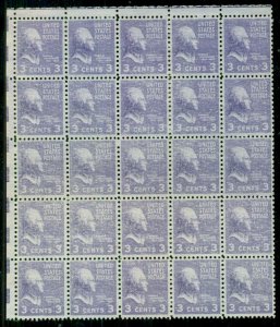 US #807, 3¢ Prexie, Block of 25, INK STARVATION ERROR, NH, VF