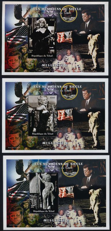 Chad set of 9 s/s MNH Marilyn Monroe, John F. Kennedy, Moon Landing, Flag, Eagle