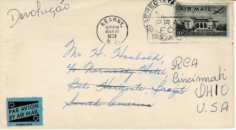 C34 - 10c airmail to Brazil, returned, 1958 (5590)