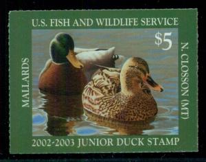 US #JDS10 2002, $5.00 Mallards Junior Duck stamp, og, NH, VF