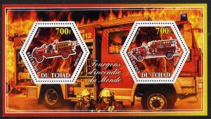 Chad 2014 Fire Engines #1 perf sheetlet containing two he...