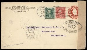 USA 1918 Savannah GA Switzerland Transatlantic Cover Censor Upfranked Post 81932