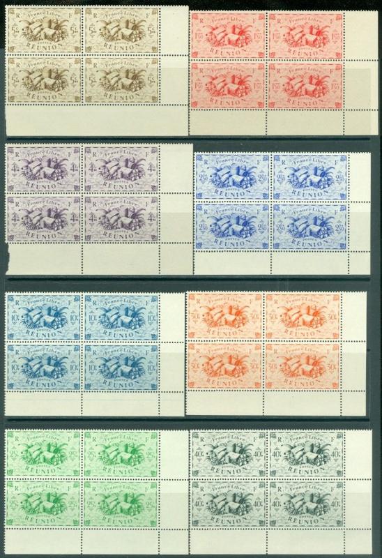 EDW1949SELL : REUNION 1943-45 Scott #224-37, 240-47, C18-24 Cplt sets. Blks of 4