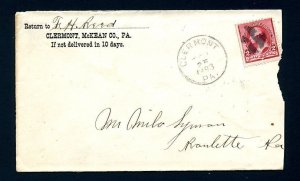 # 220a on cover from Clermont, Pennsylvania, Dead Post Office dated 2-25-1893