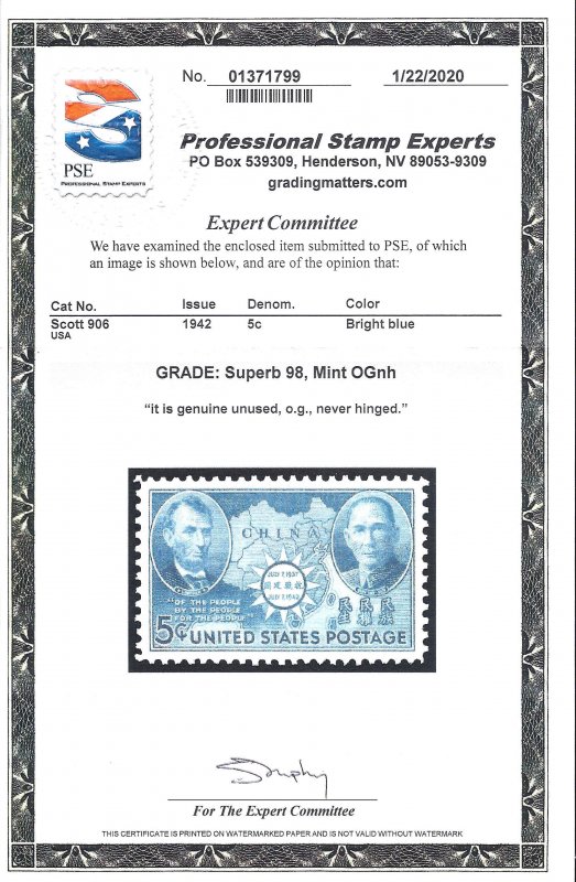 906 Mint,OG,NH... PSE graded Superb-98... SMQ $110.00... Only 3 graded higher