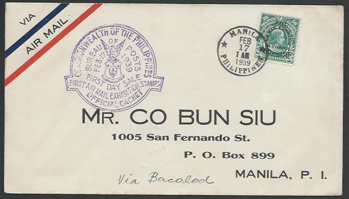 PHILIPPINES 1939 FDC Airmail Exhibition opt 8c on 26c......................10776