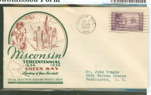 US 739 1934 3c Wisconsin Tercentennial (single) on an addressed first day cover with a Green Bay Philatelic Society cachet; gree