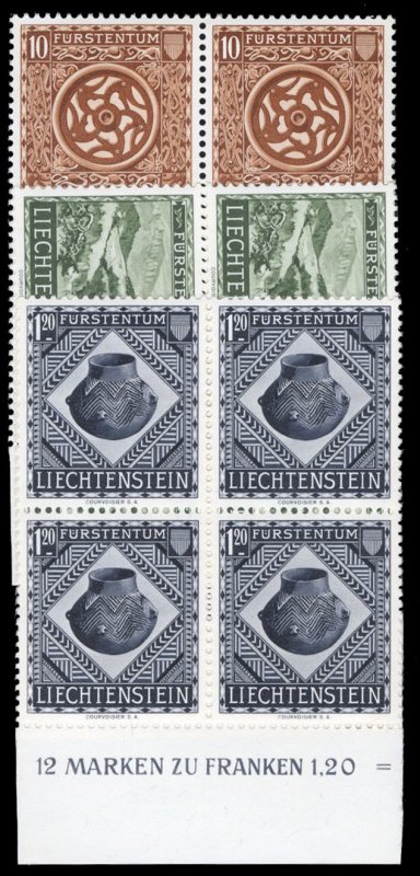 Liechtenstein #274-276 Cat$260, 1953 National Museum, set of three in blocks ...