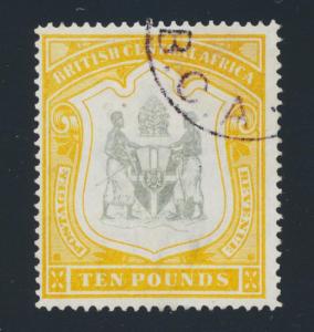 NYASALAND BCA 1897, £10 BLACK & YALLOW WMK CC, VF USED SG#52 CAT£2750 $3750