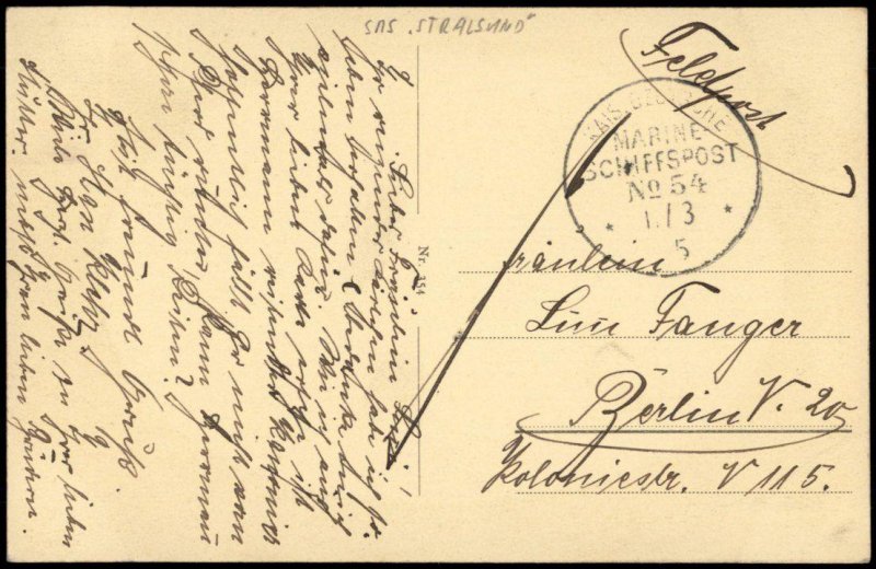 Germany WWI Navy SMS Stralsund MSP54 Feldpost Cover Wilhelmshaven PC G75741