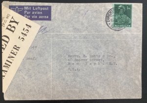 1941 Zurich Switzerland Rare Bermuda Censored Airmail Cover To New York Usa