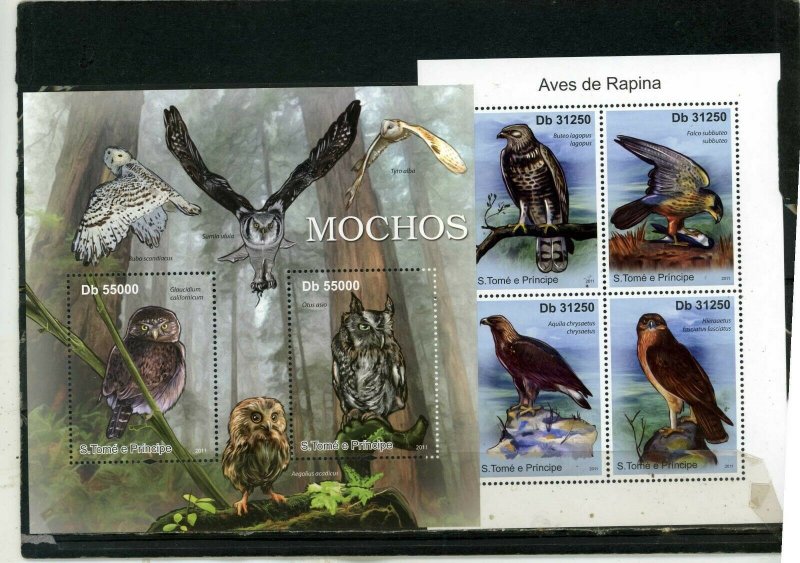 ST.THOMAS & PRINCE ISLANDS 2011 BIRDS 2 SHEETS OF 2 & 4 STAMPS MNH 