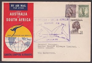 COCOS ISLAND 1952 Qantas flight cover to Sth Africa - RAAF PO COCOS cds....A2101