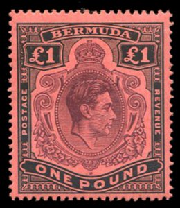 Bermuda #126 Cat$52.50+ (for hinged), 1951 £1 black and violet, never hinged