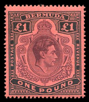 Bermuda #126 Cat$52.50+ (for hinged), 1951 £1 black and violet, never hinged