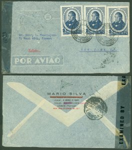 1945 WWII Censored Cover, LISBON PORTUGAL - NYC, Censor Examiner Tape, Airmail!