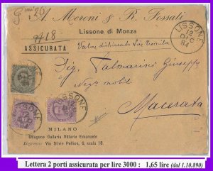 54814 - REGNO: UMBERTO I - STORIA POSTALE: BUSTA con tariffa 1,65 Lire  1894