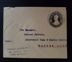 1943 Bombay India Internment Camp & Parole Center Satara City Back Cancel Cover