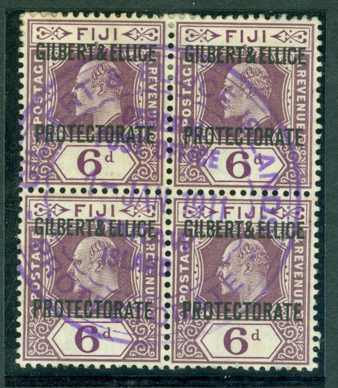 SG 6 Gilbert & Ellice 1911 6d dull & bright purple block of 4. Very fine...