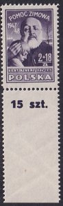 Poland  1947 Sc B57 Portrait Painter Adam Chmieloski Stamp with Tab MNH