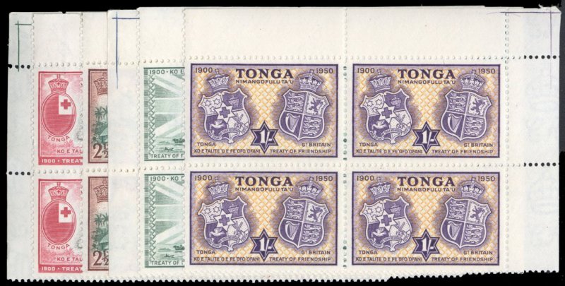 Tonga #94-99 Cat$30, 1951 Treaty of Friendship, complete set in blocks of fou...