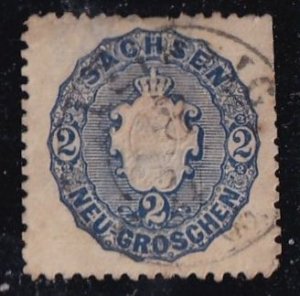 Germany: Saxony 18 (used, short perf, toning) 2ng arms, embossed, blue (1863)