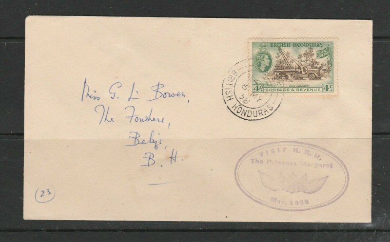 British Honduras 1958 Royal Visit cacheted cover, Hand addressed, QE2 4c Def