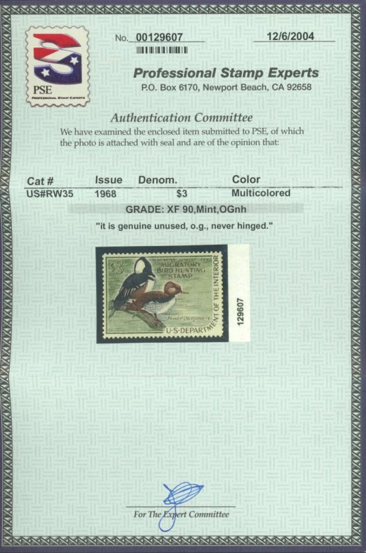 U.S. #RW35 MINT WITH PSE CERT GRADED XF 90 OG NH