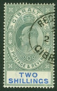 SG 52 Gibraltar 1903. 2 green & blue. Very fine used part reg oval, leaves