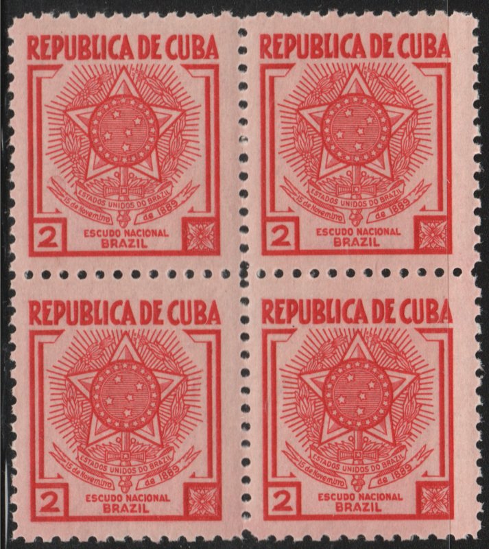 1937 Caribbean Stamps Sc 342  Brazil  Arms of Brazil  Block 4 MNH