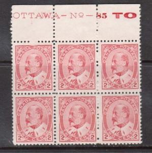 Canada #90 VF Mint Plate #85 Block Of Six