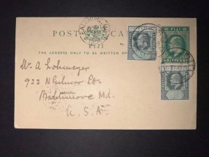 1904 Fiji Postal Stationery Postcard Cover Suva to Baltimore MD Maryland USA