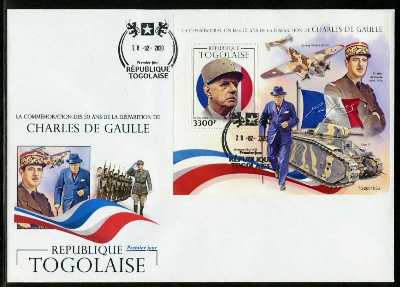 TOGO 2020 50th MEMORIAL ANN OF CHARLES deGAULLE WITH CHURCHILL S/SHEET  FDC