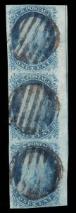 MOMEN: US STAMPS #9 POS. 20-40L1L IMPERF STRIP OF 3 USED LOT #89951*