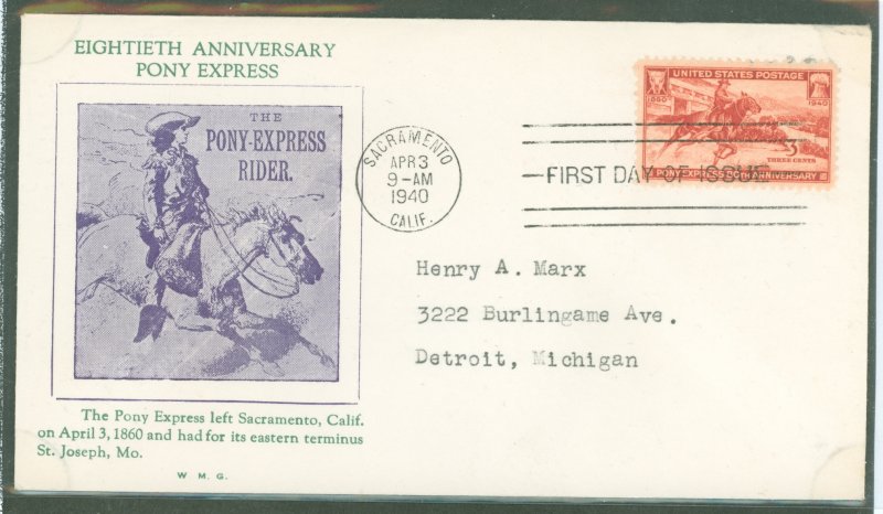 US 894 1940 pony express 80th anniversary single on an addressed, typed fdc with a w m g cachet, sacramento, ca cancel